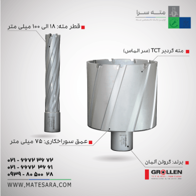 خرید مته گردبر TCT (سر الماس) عمق سوراخ‌کاری ۷۵ میلی‌متر (گرولن)